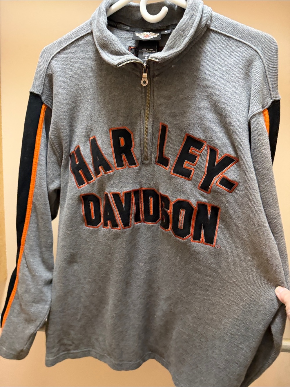 Harley-Davidson Gray Half-Zip Sweater with Black and Orange Trim